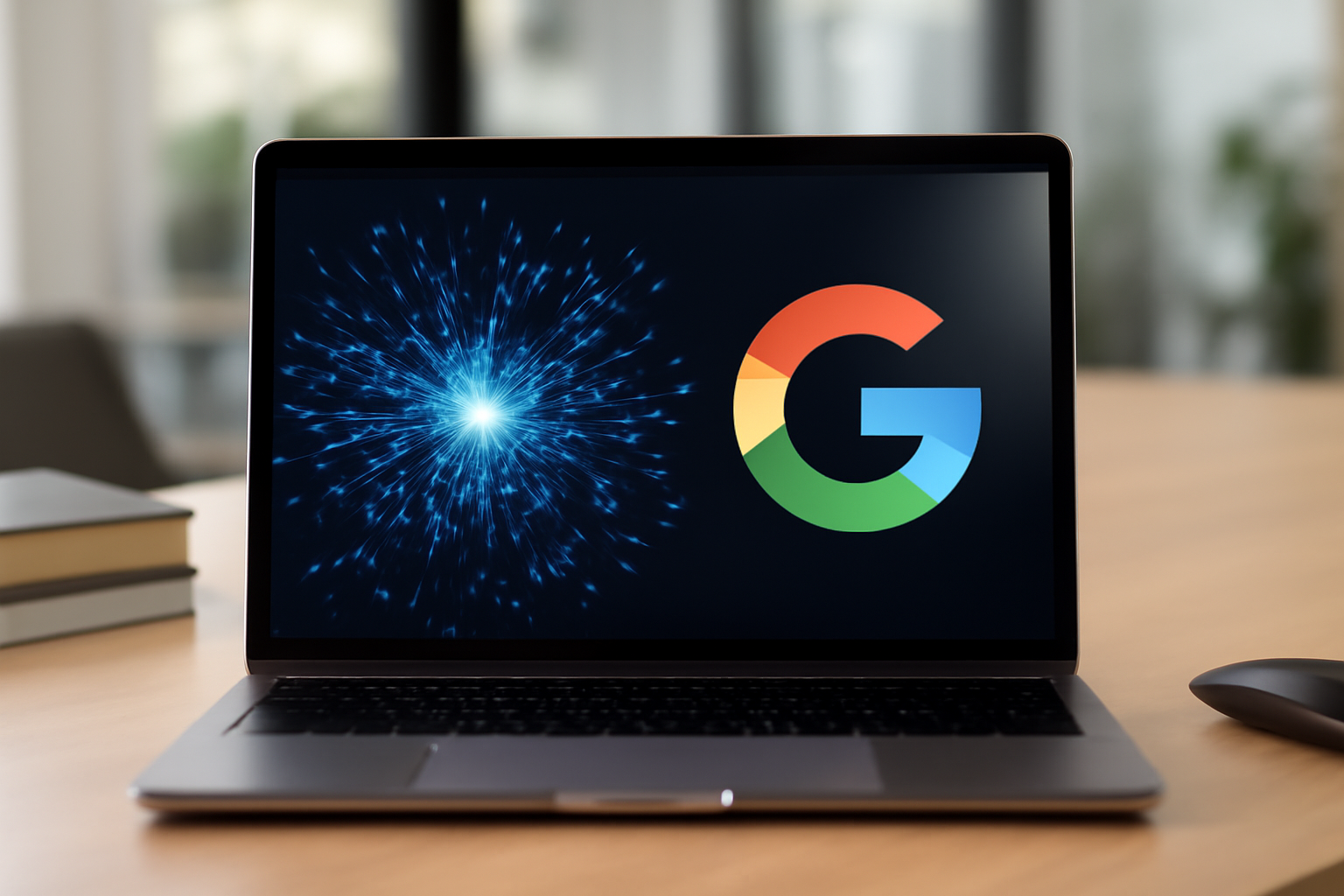 Google logo displayed on a laptop screen next to lines of computer code