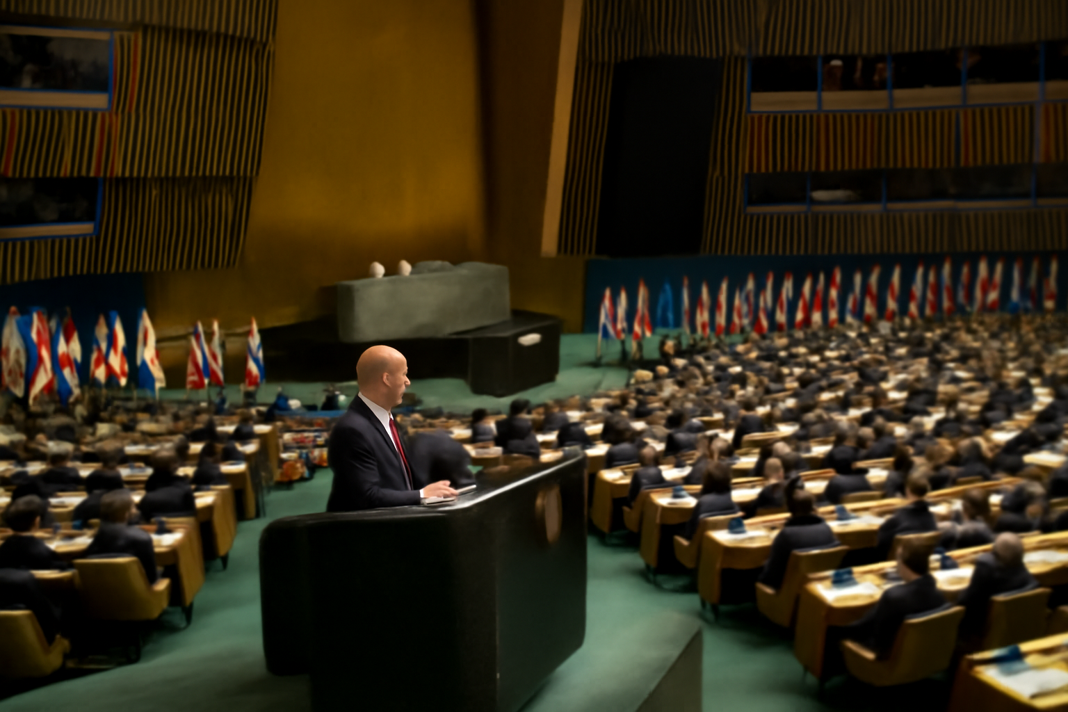 President Trump speaking at a podium before the United Nations General Assembly chamber