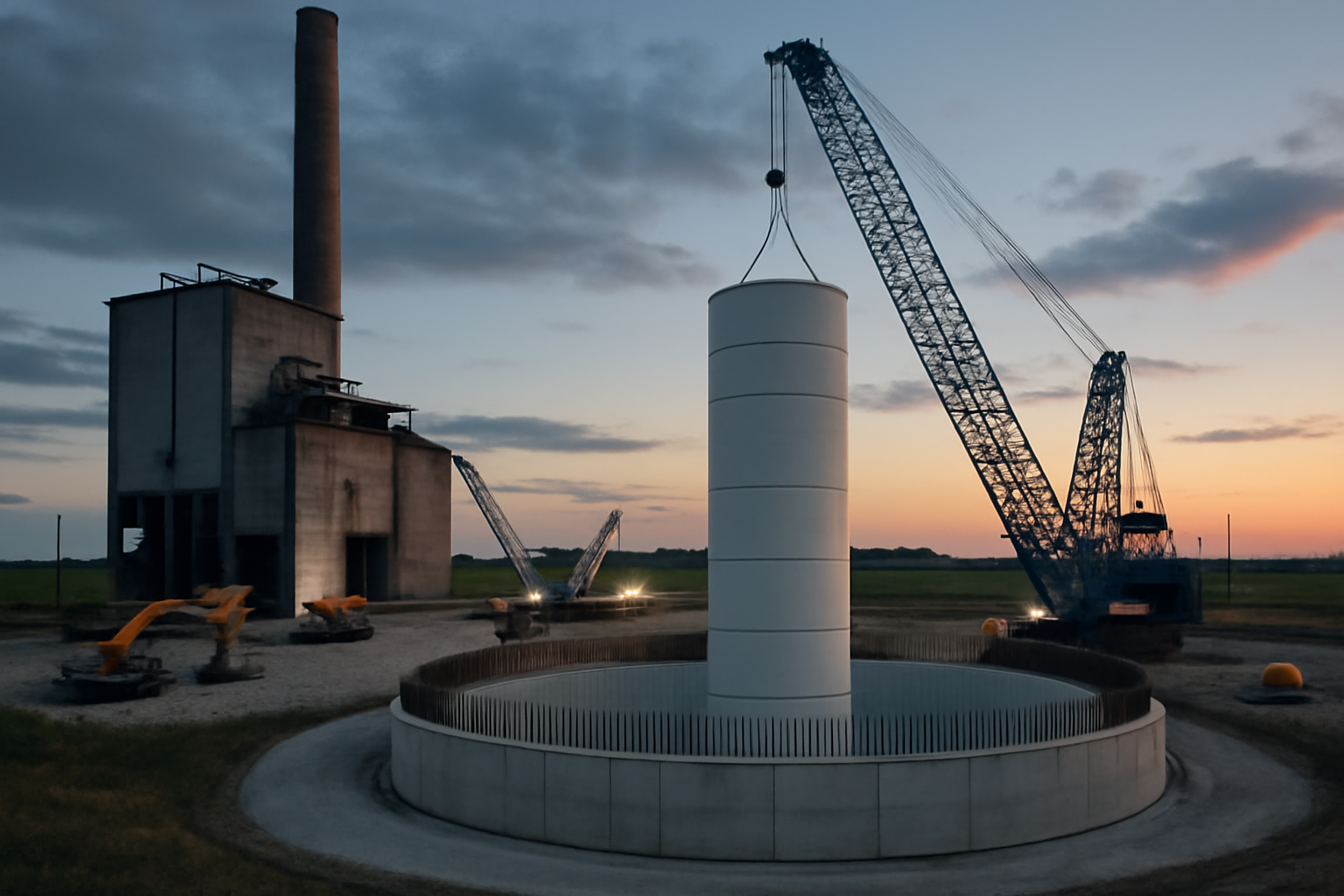 Cooling towers and transmission lines at a former coal power plant site in rural Indiana