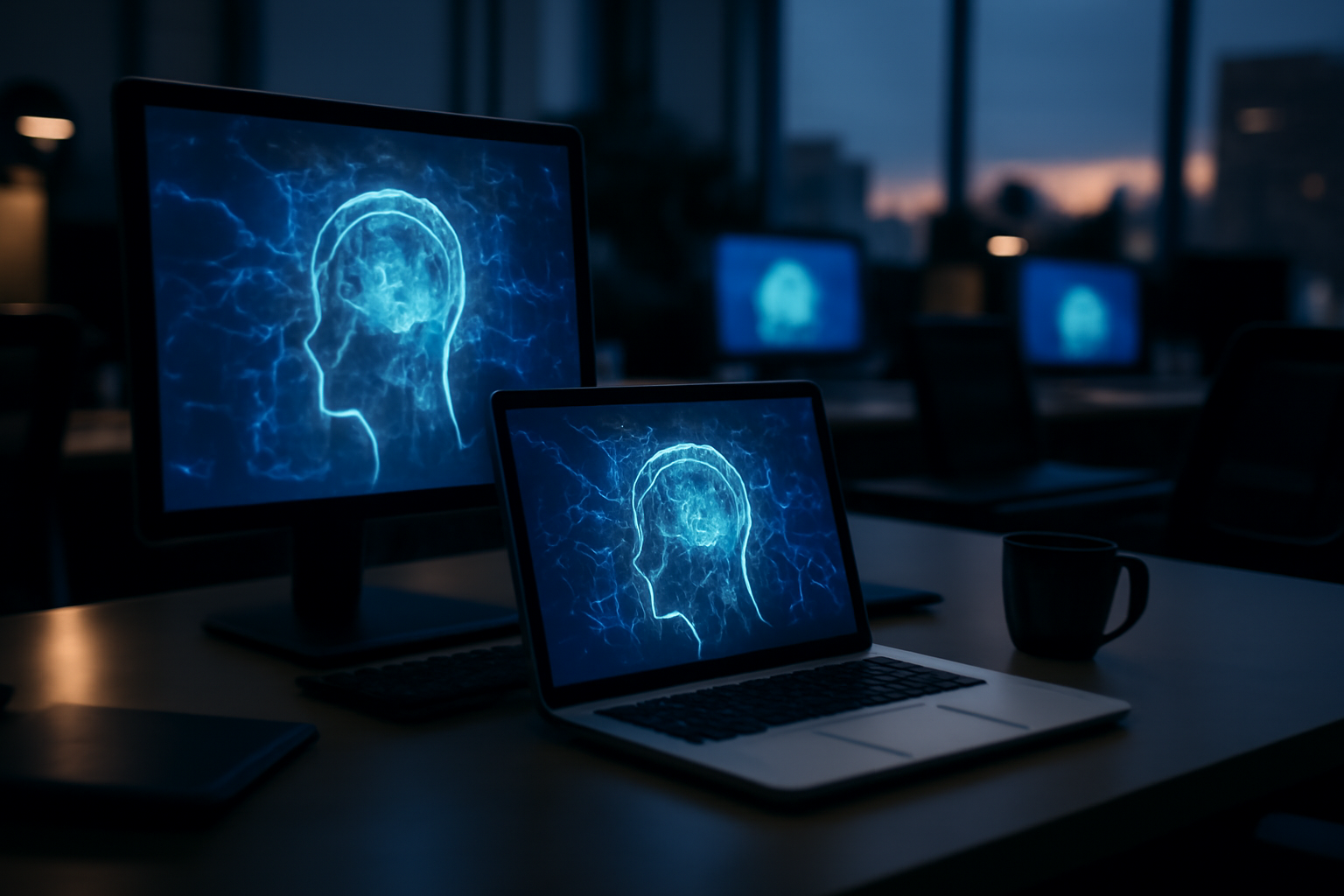 Rows of glowing laptop screens displaying abstract AI interface graphics in a dim office