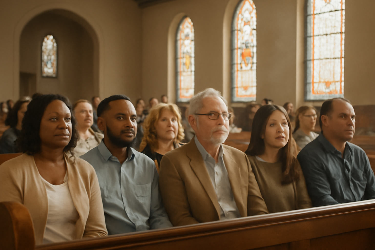 A religious congregation gathers in a sunlit sanctuary during a Sunday service