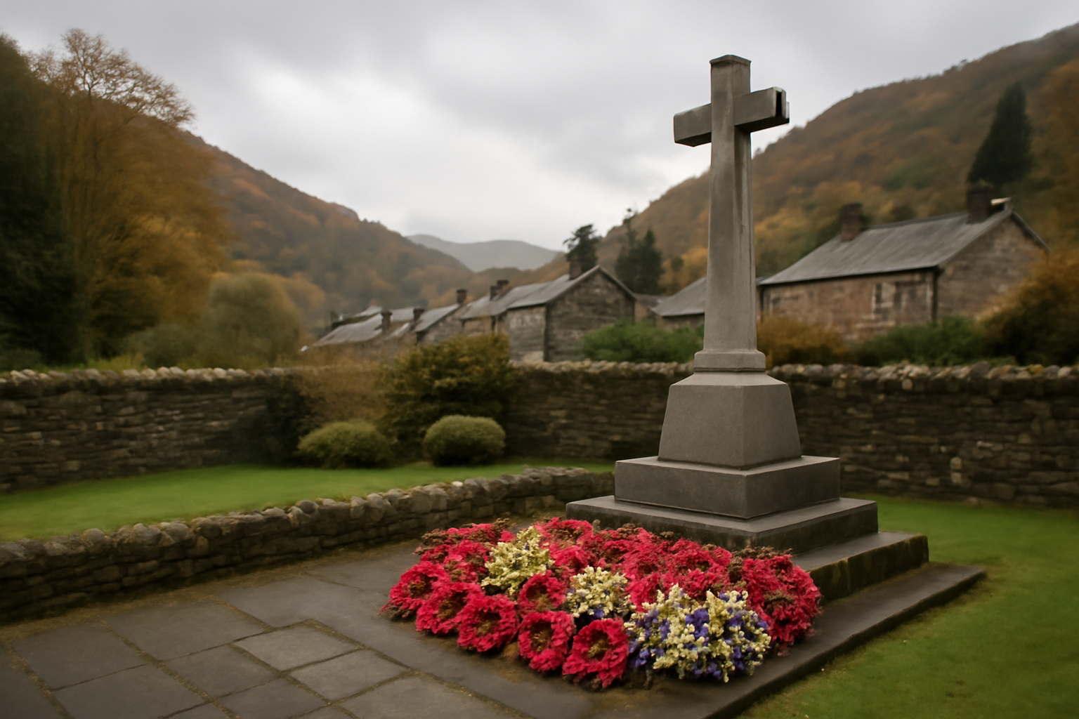 Weathered memorial stone wall in a Welsh village with fresh flowers placed at its base
