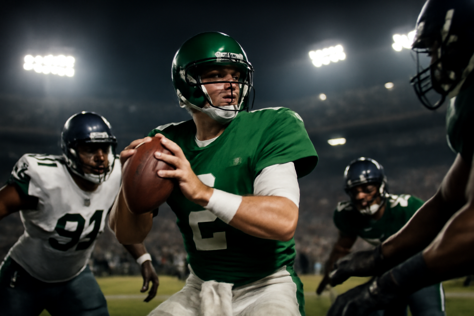 Football quarterback in white and green uniform dropping back to pass on a grass field under stadium lights