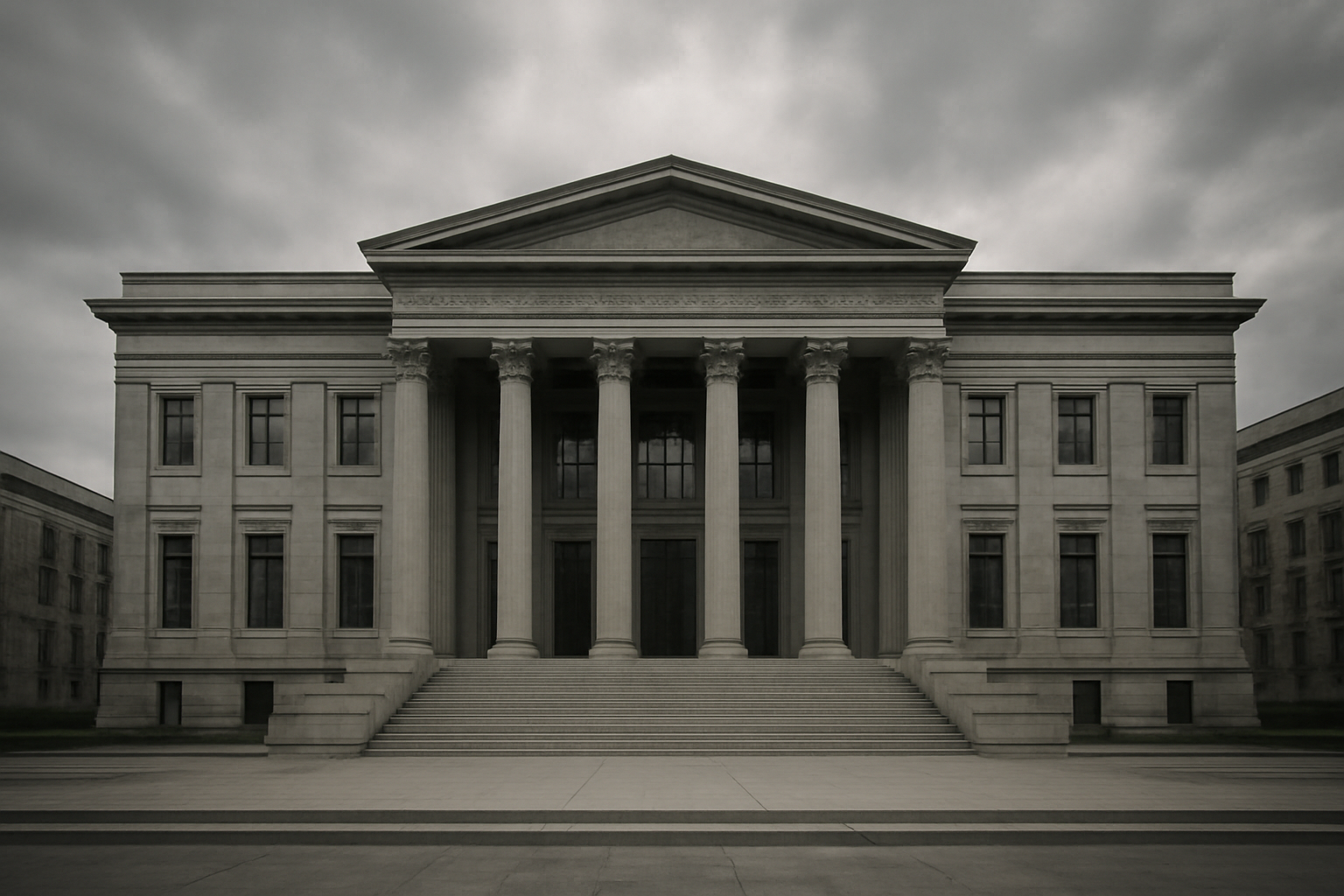 A courthouse exterior with overcast sky, symbolizing an ongoing legal investigation