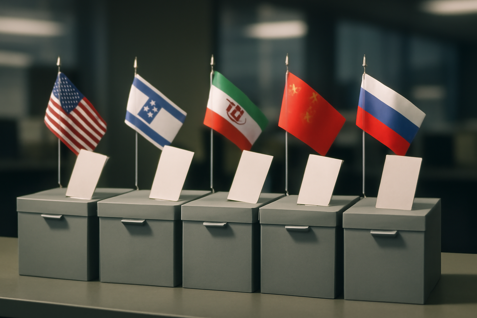 Split-screen illustration of ballot boxes under flags of the United States, Israel, Iran, China and Russia