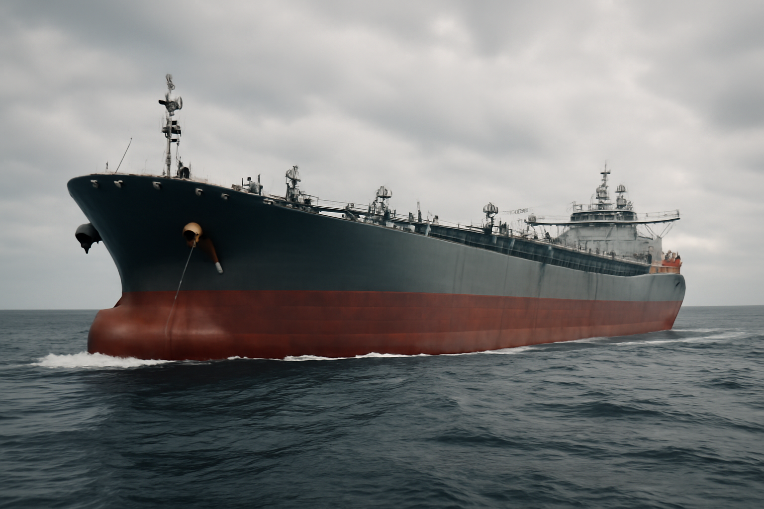 Oil tanker underway at sea with crude oil cargo visible on deck