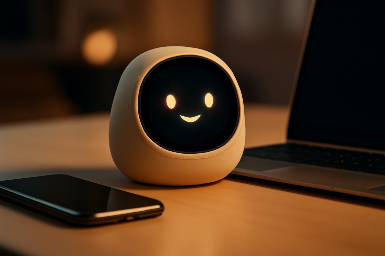 A small glowing companion-style AI device sitting on a desk beside a smartphone, evoking a digital pet