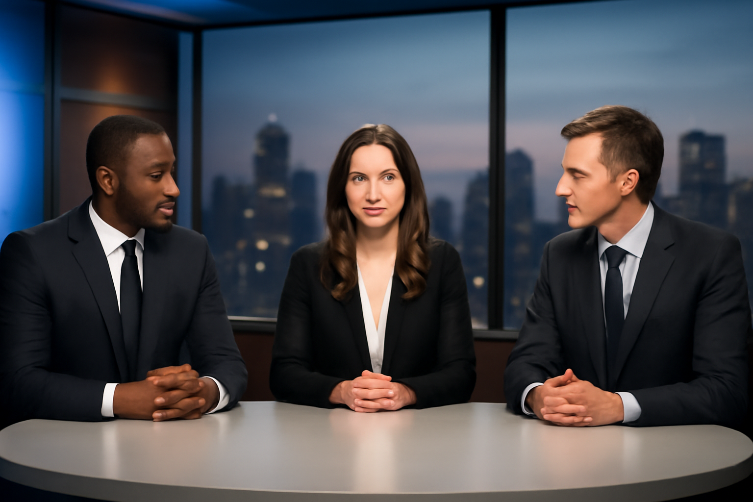 A residential real estate broker speaks on a television studio set with two anchors discussing housing market charts