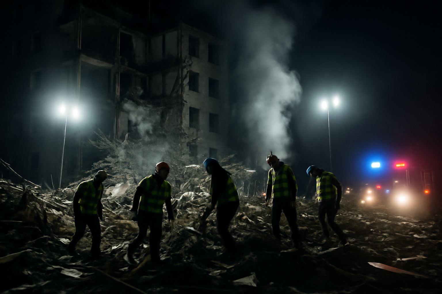 Rescue workers search rubble of a damaged apartment building at night in Gaza City after an air strike