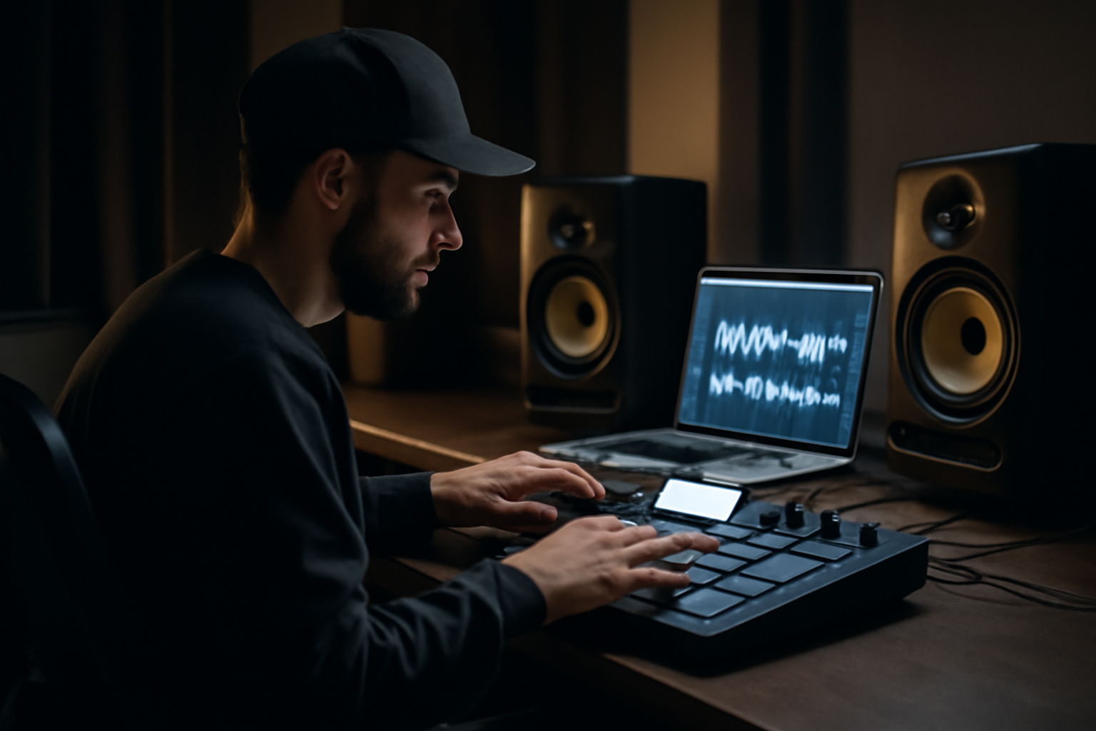 Music producer adjusting a drum pad controller in a home studio with monitors and a laptop showing waveform software.