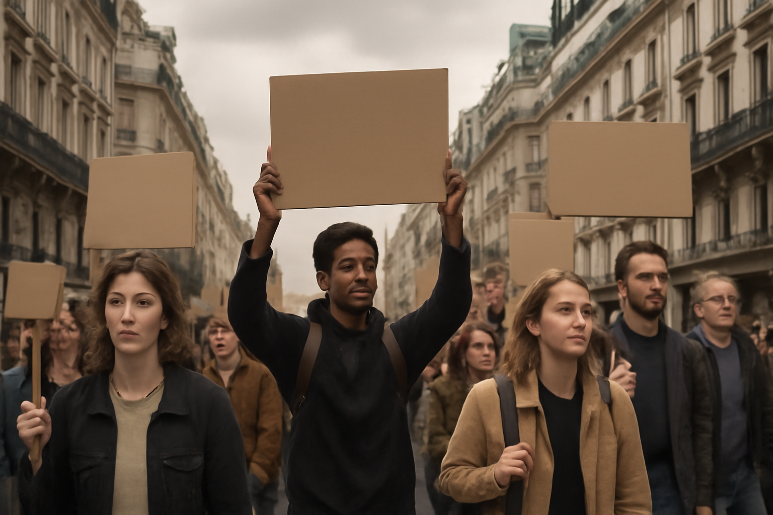 Crowd of students and adults marching through a Paris street holding handmade signs