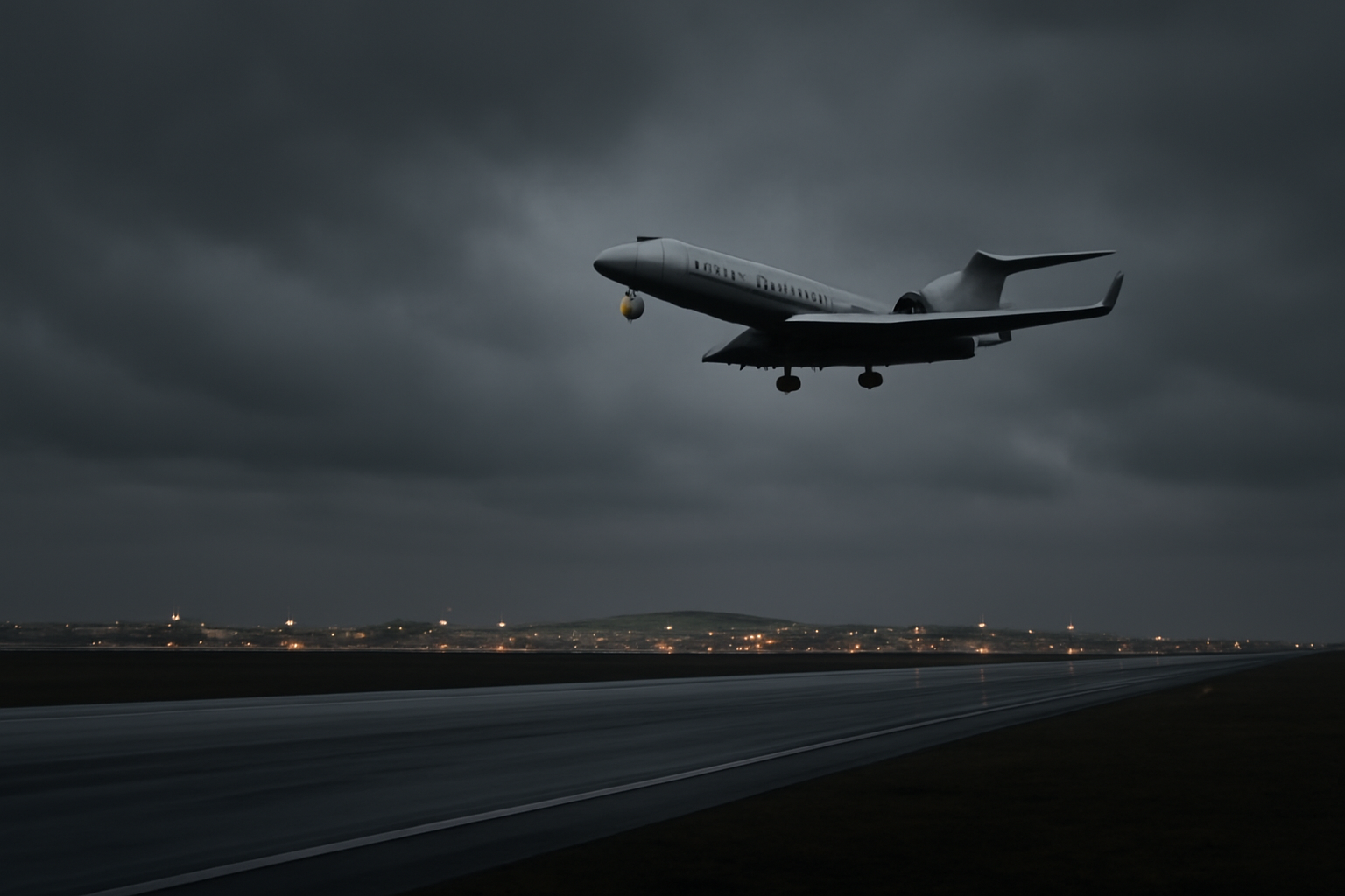Government jet circling in cloudy sky above an airport runway at dusk