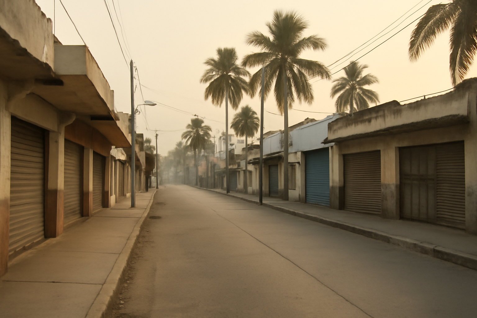 A coastal Colombian city street with shuttered storefronts and empty sidewalks under a tropical sky