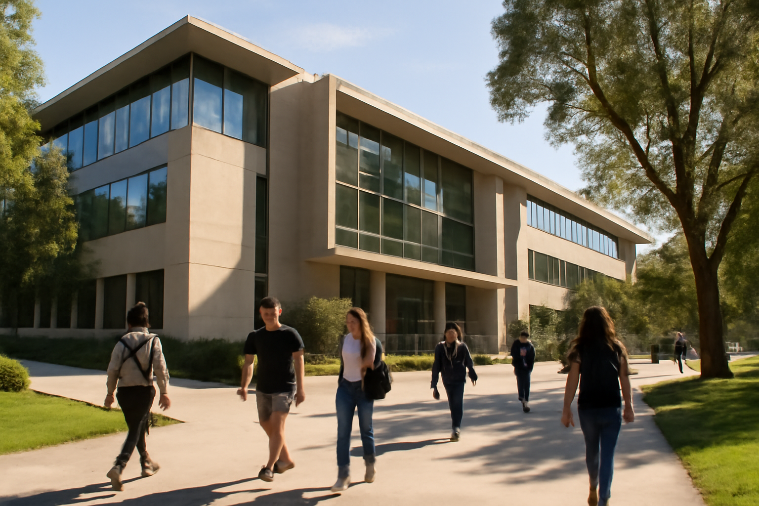 A university administration building on a California college campus with students walking past in daylight