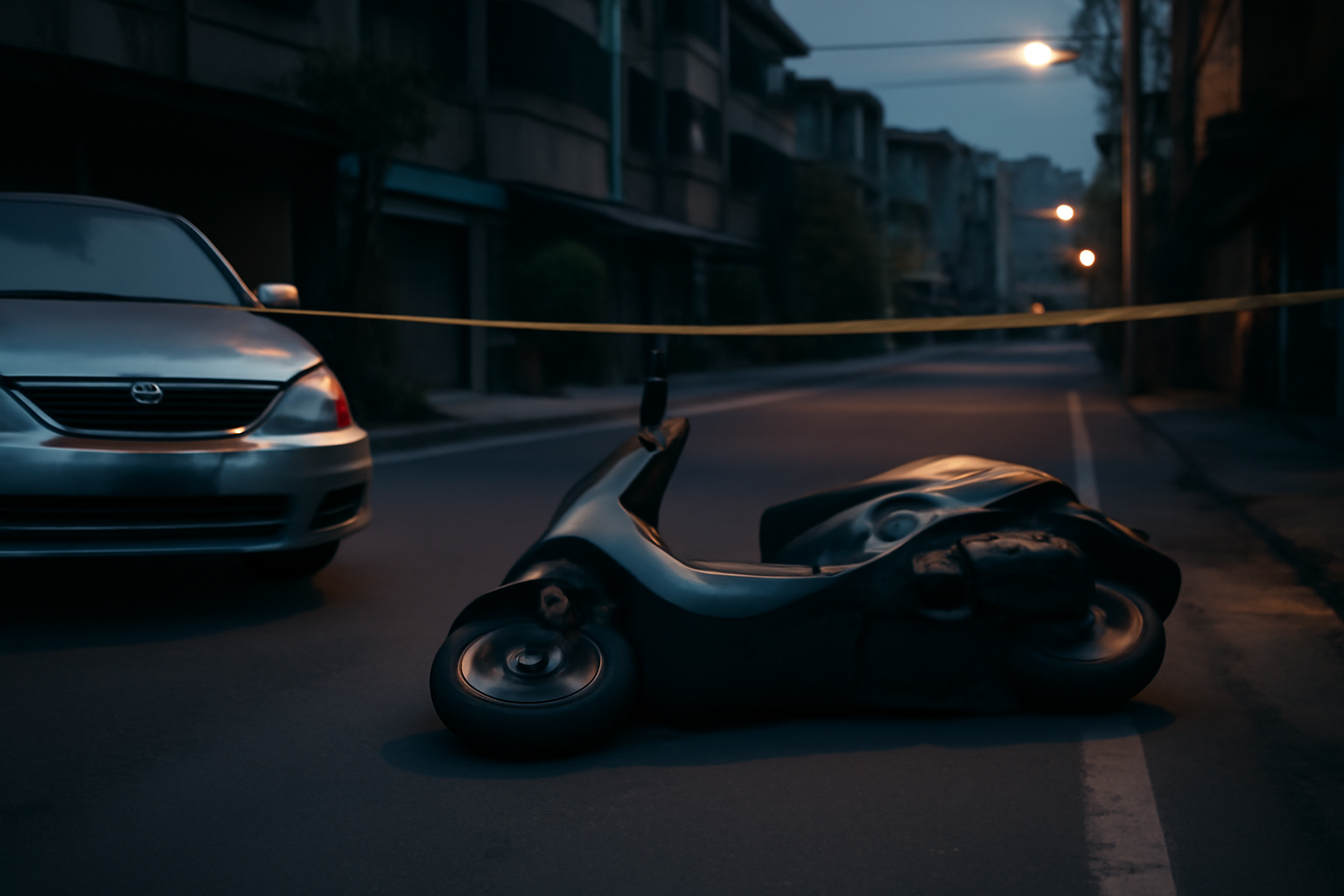 A scooter lies on a New Taipei street beside a damaged car bumper at dusk