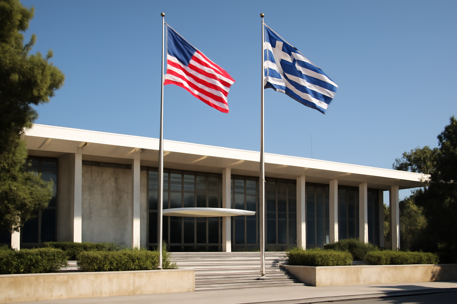 Exterior of a U.S. embassy building in Athens with American and Greek flags