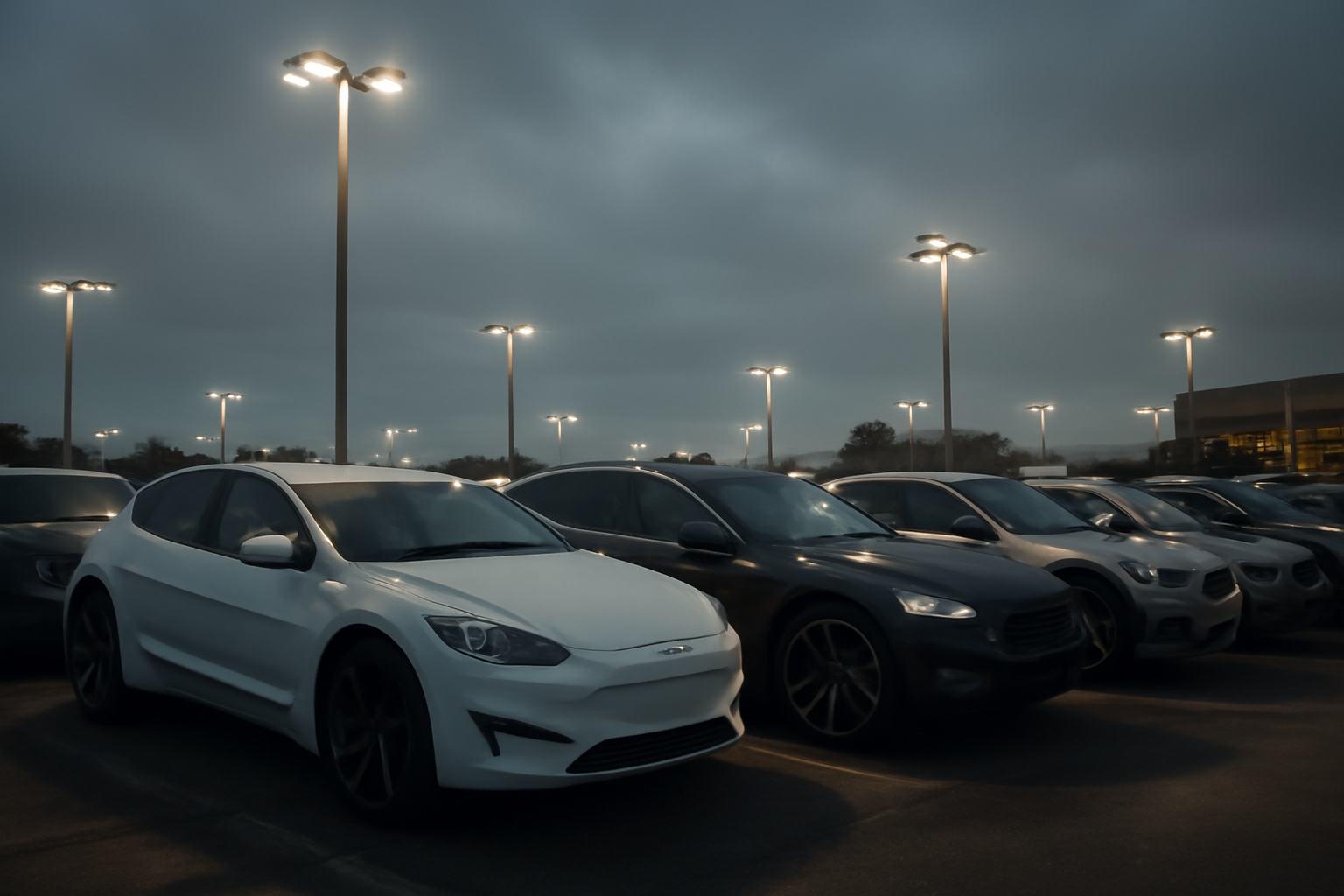 Several electric sedans and crossovers parked outside a car dealership showroom at dusk
