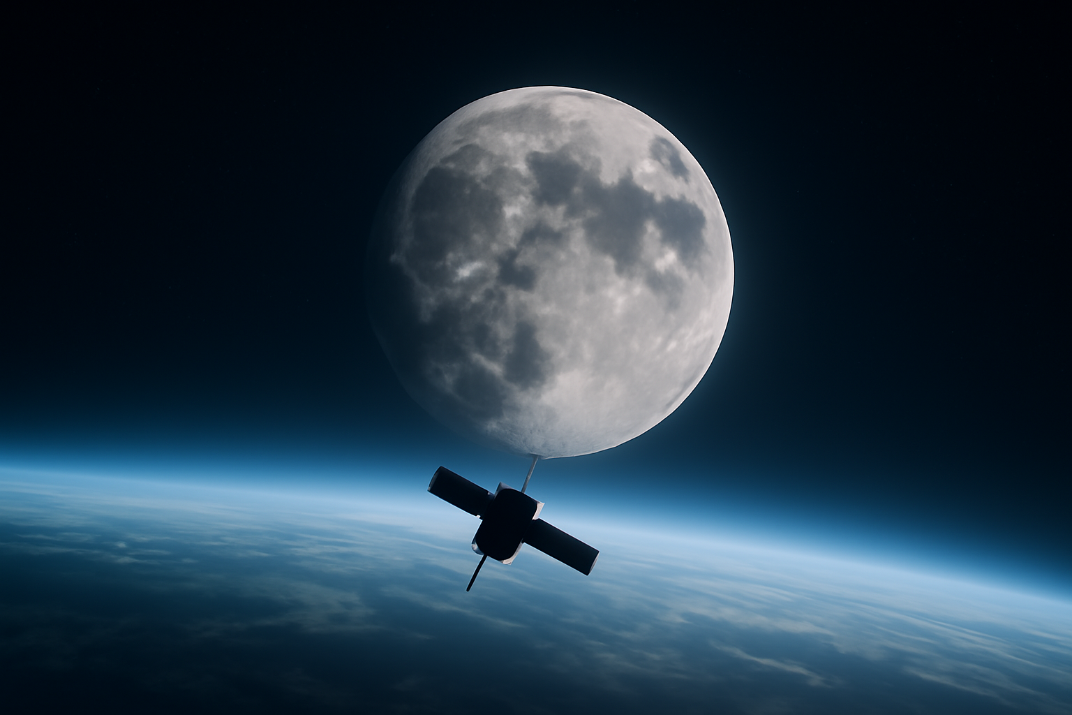 A crescent Moon rising above Earth's atmosphere with a distant satellite silhouette in the foreground