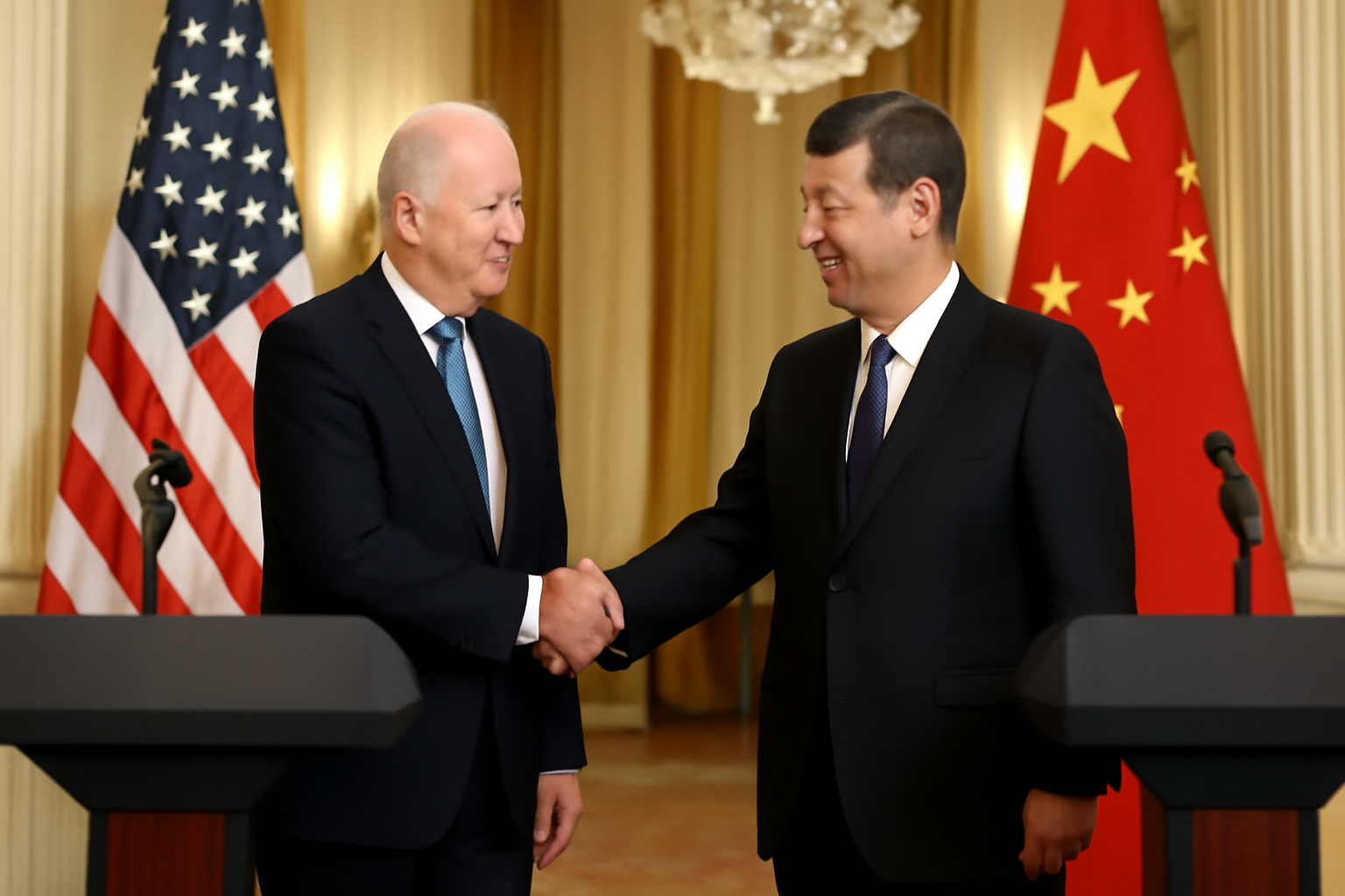 Two world leaders shaking hands at a formal White House podium with flags in the background
