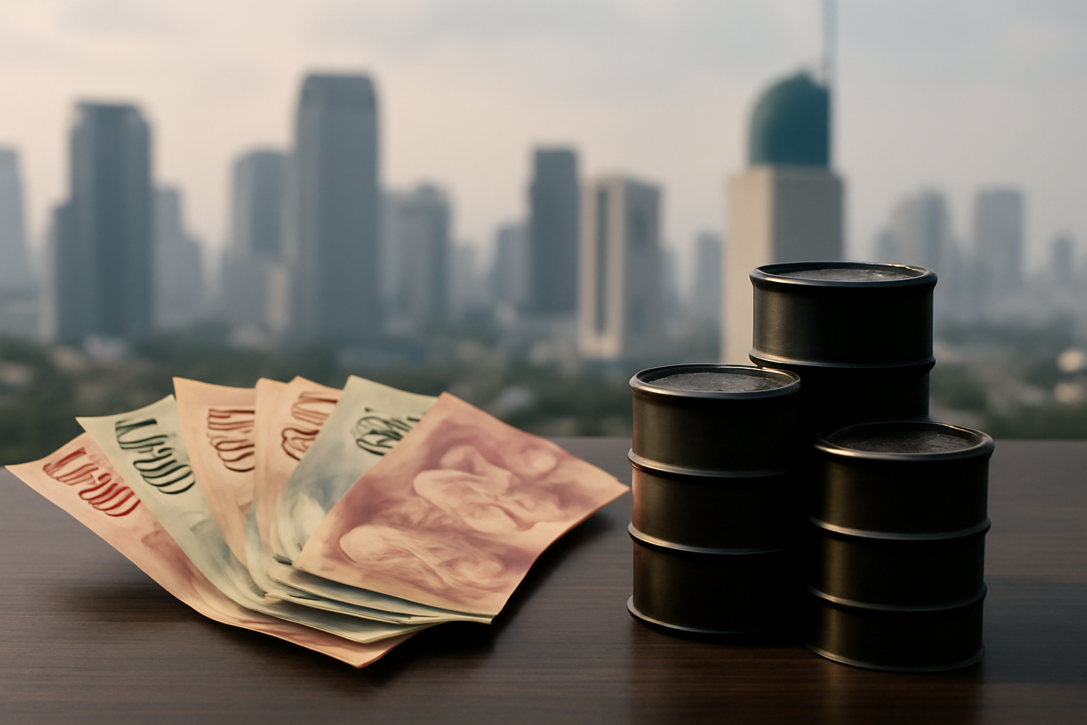 Rupiah banknotes and an oil barrel icon beside a central bank building facade