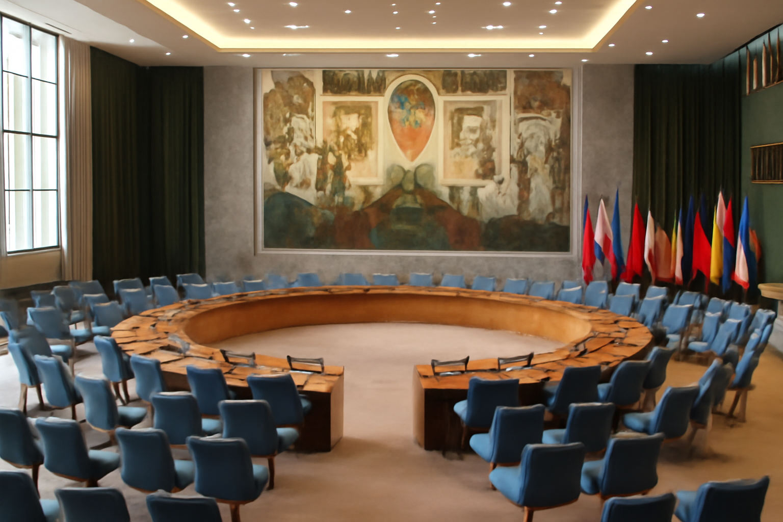 United Nations Security Council chamber with empty delegate seats and national flags in the background