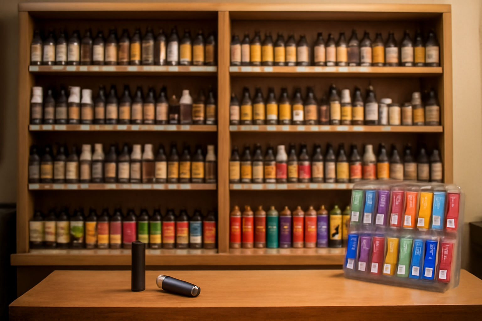 A row of e-liquid bottles and disposable vapes displayed on a UK shop counter with price tags