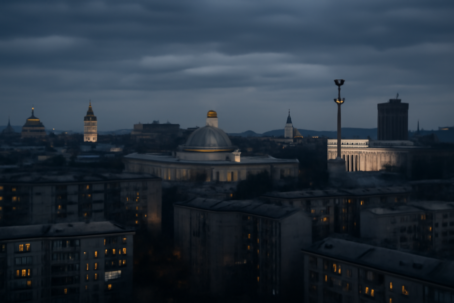 Kyiv skyline at dusk with government buildings and overcast sky