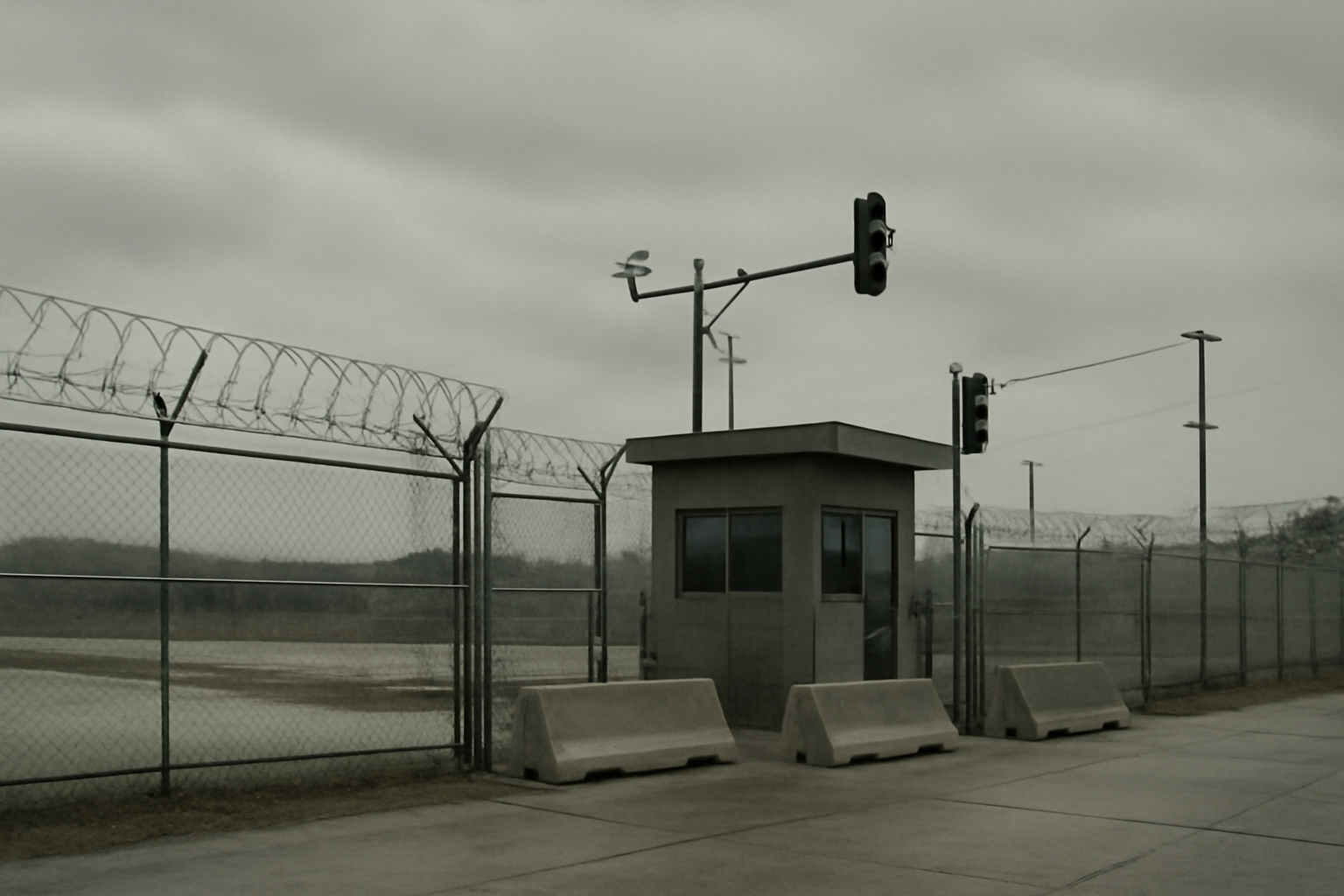 Security barrier and checkpoint at a military base perimeter under overcast sky