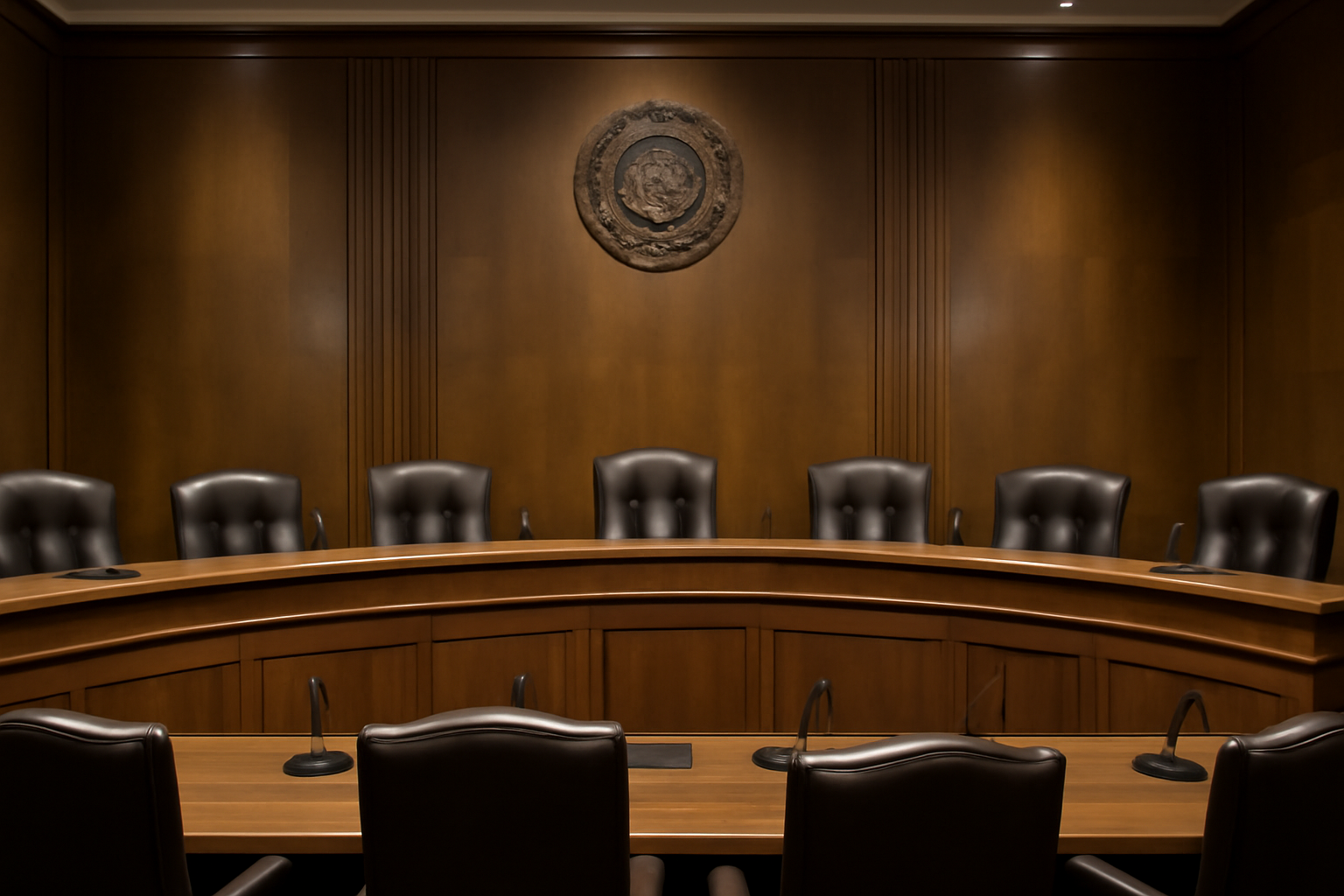 Empty Senate Judiciary Committee hearing room with microphones and nameplates at witness table