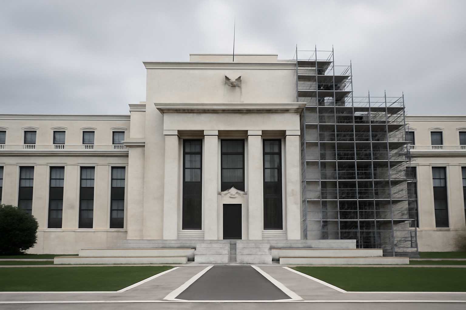 Exterior of the Federal Reserve headquarters building in Washington with scaffolding visible during renovation work