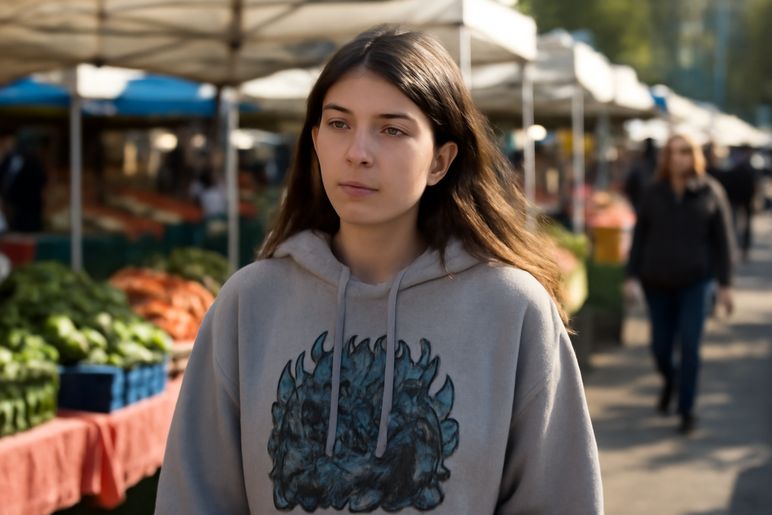 Young woman with a silver lip ring piercing wearing a gray graphic hoodie at an outdoor market