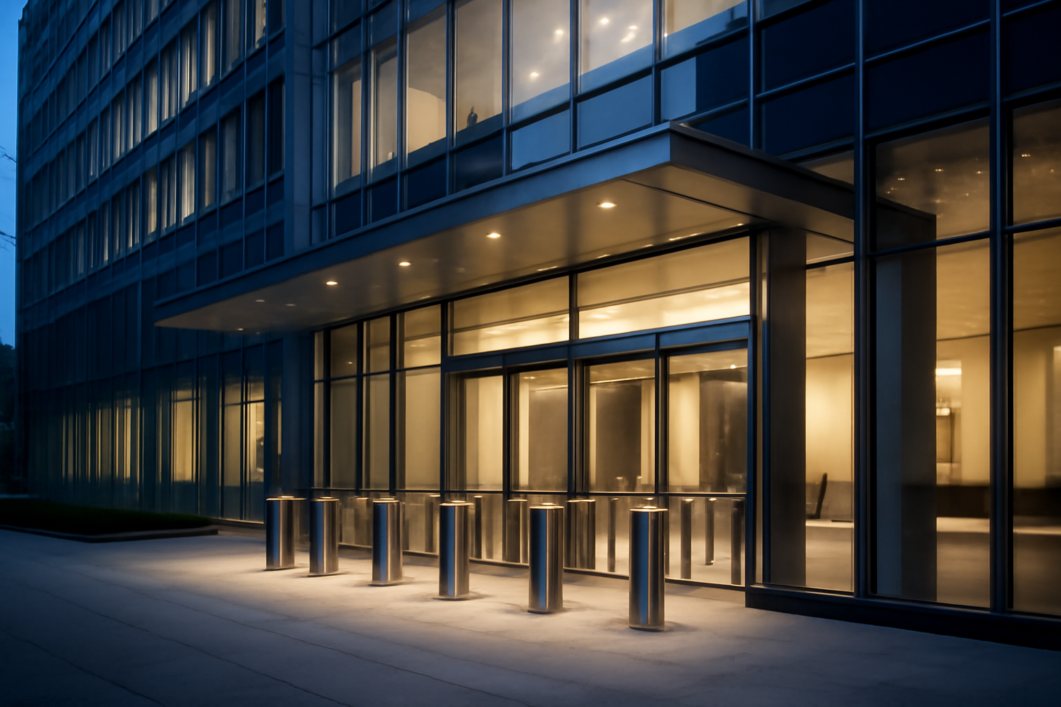 Exterior of a modern tech office building with glass facade and security badge entry