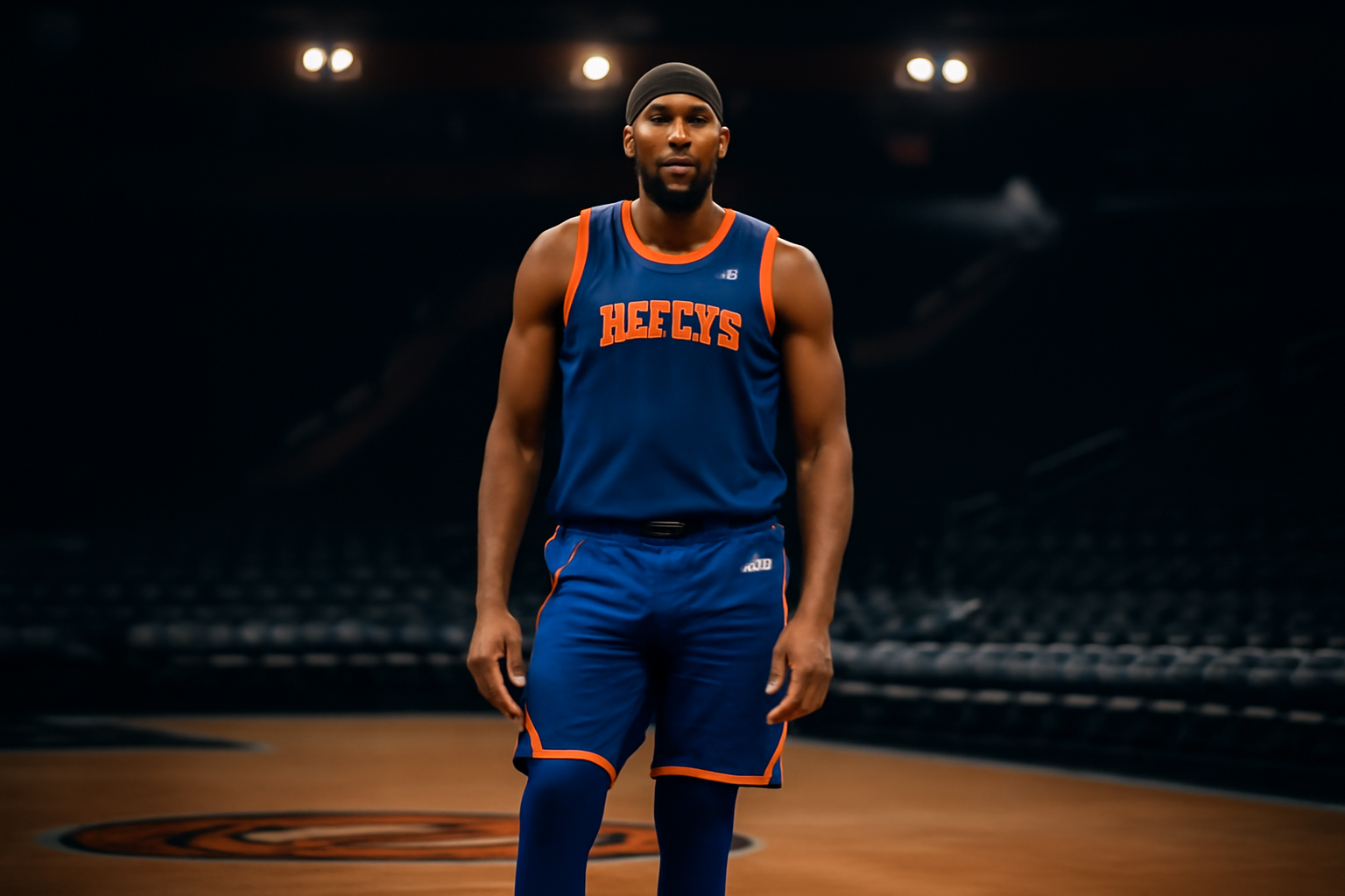 Karl-Anthony Towns in a Knicks jersey standing on the court during pregame warmups