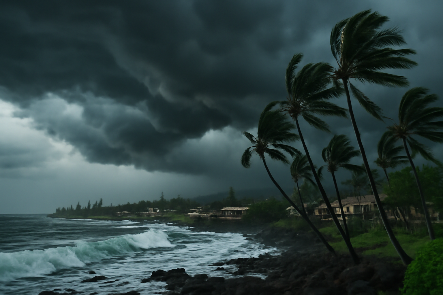 Storm clouds gathering over the coastline of Kona, Hawaii ahead of a hurricane