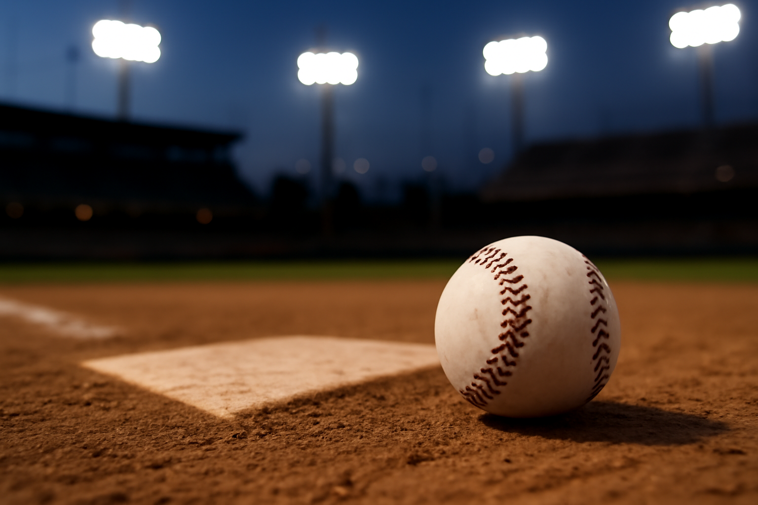 A baseball sits on home plate dirt under stadium lights with a blurred infield in the background