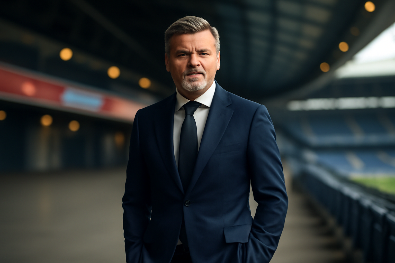 David Beckham standing in a suit at a sports business event with a stadium backdrop