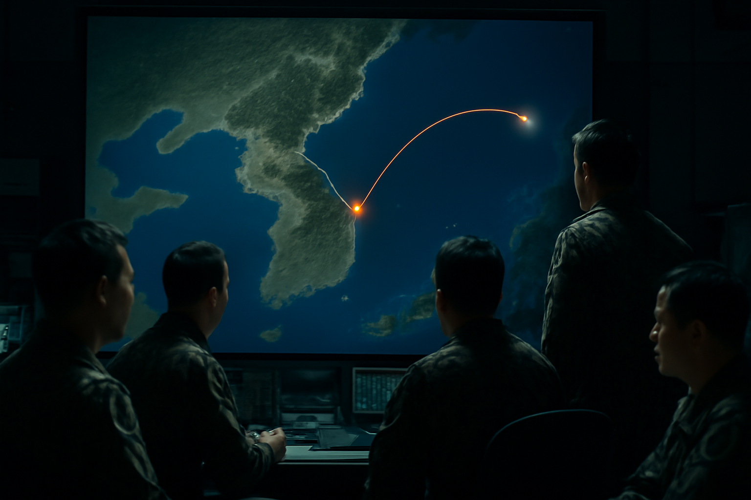 South Korean officials monitor a military briefing screen showing missile trajectory data over the East Sea