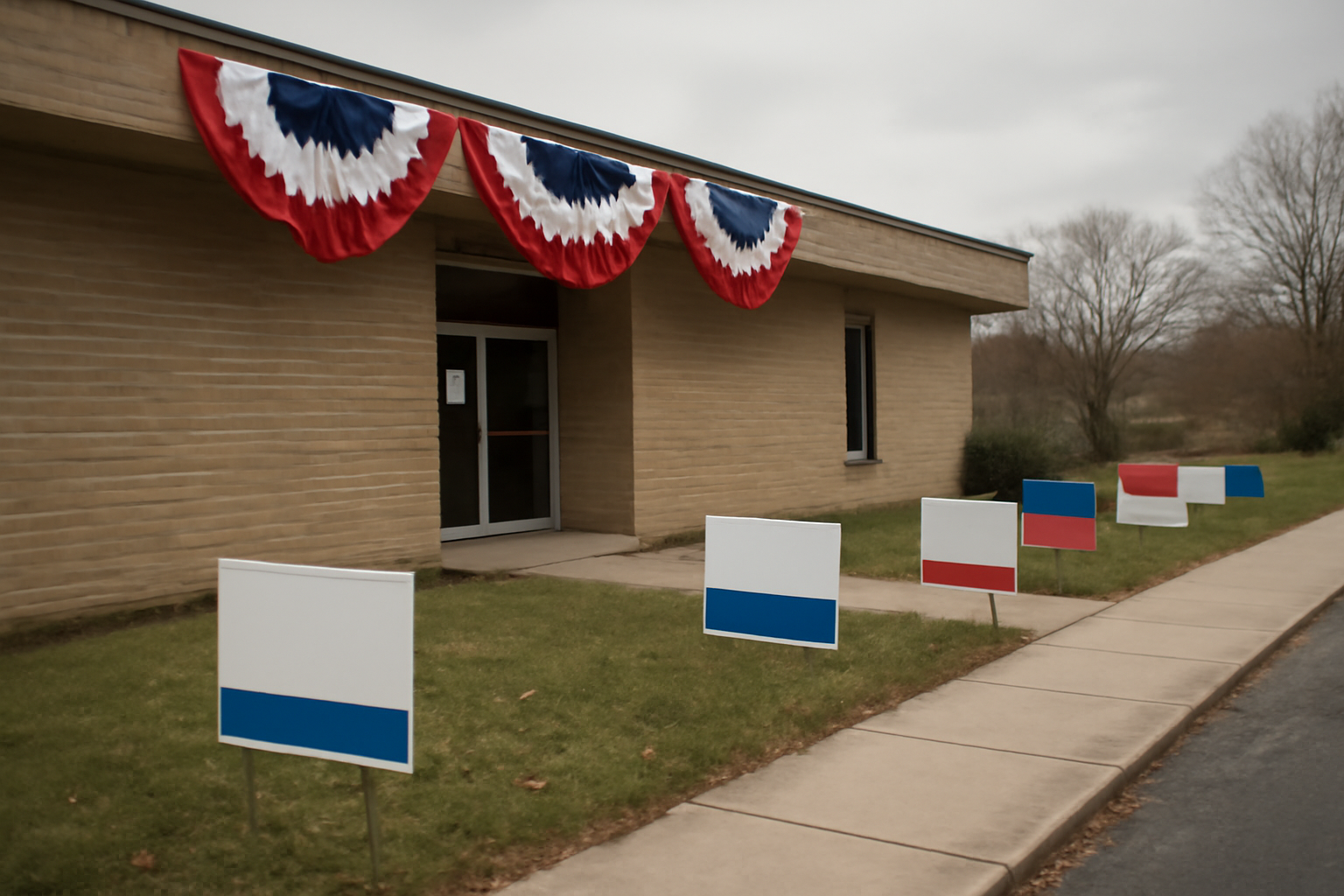 Campaign yard signs and a polling place banner outside a U.S. voting location