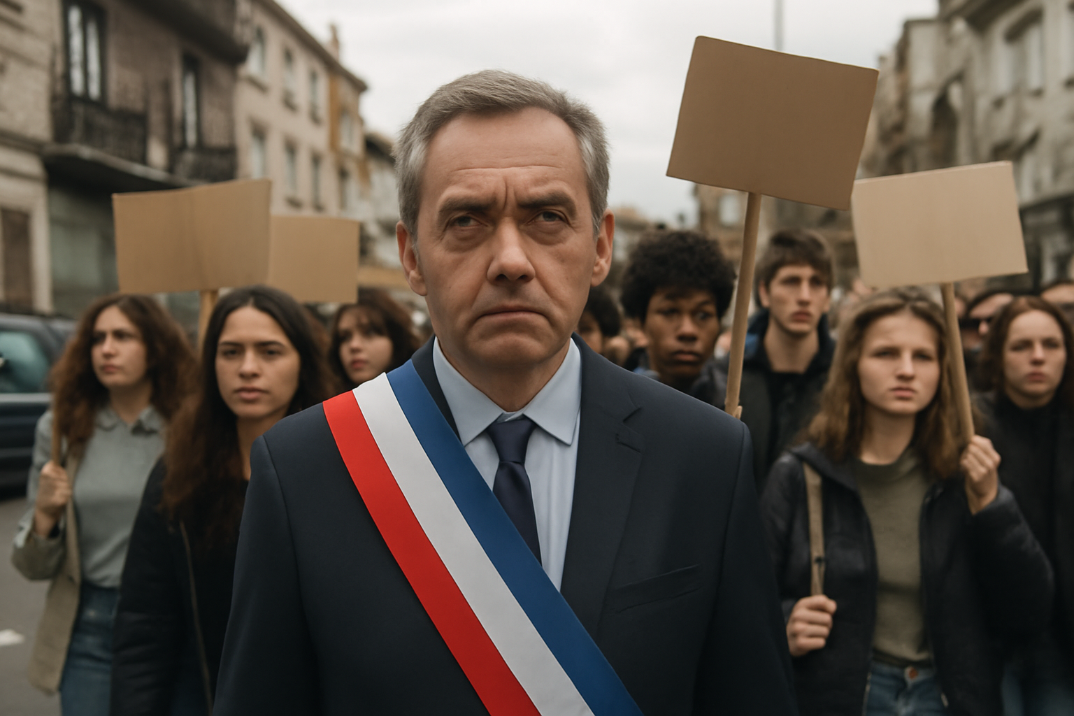 A municipal official wearing a tricolor sash stands among a crowd of young demonstrators on a street near Paris.