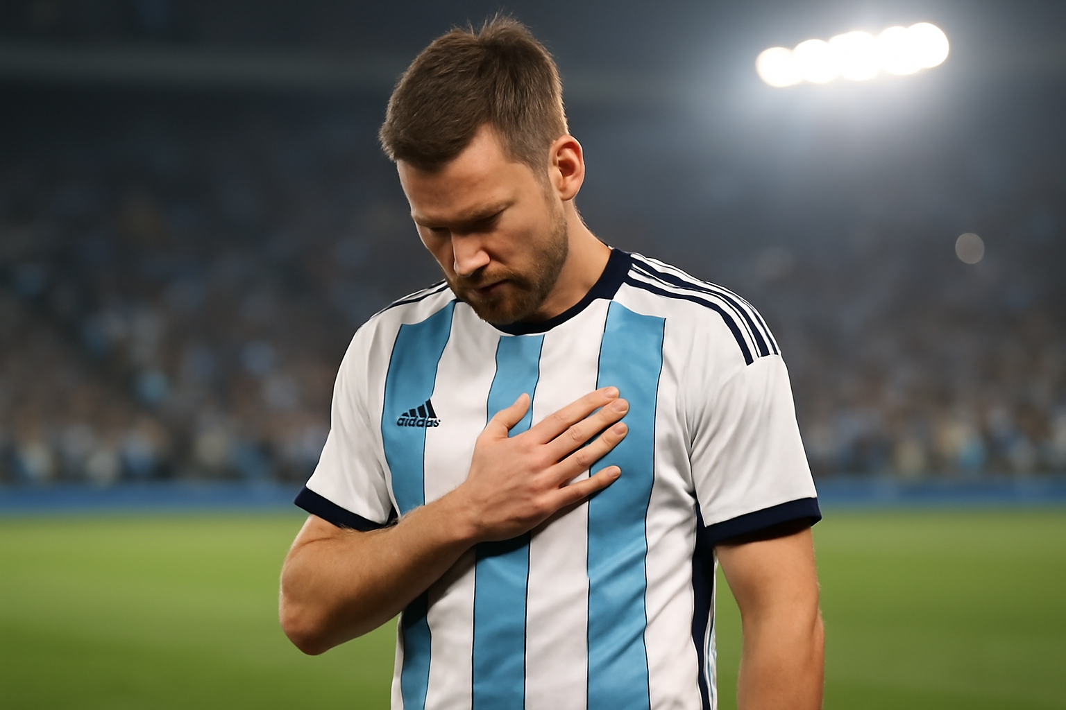 Soccer player in Argentina's sky-blue and white jersey standing on the pitch with hand over heart during an emotional moment