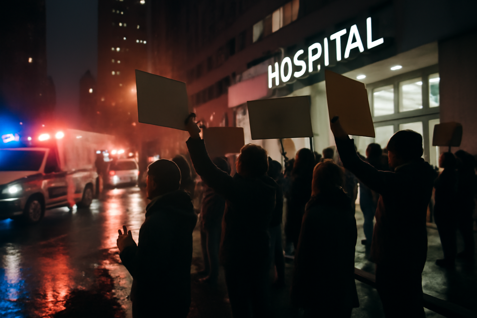 Protesters gathered outside a New York hospital holding signs after an ICE shooting