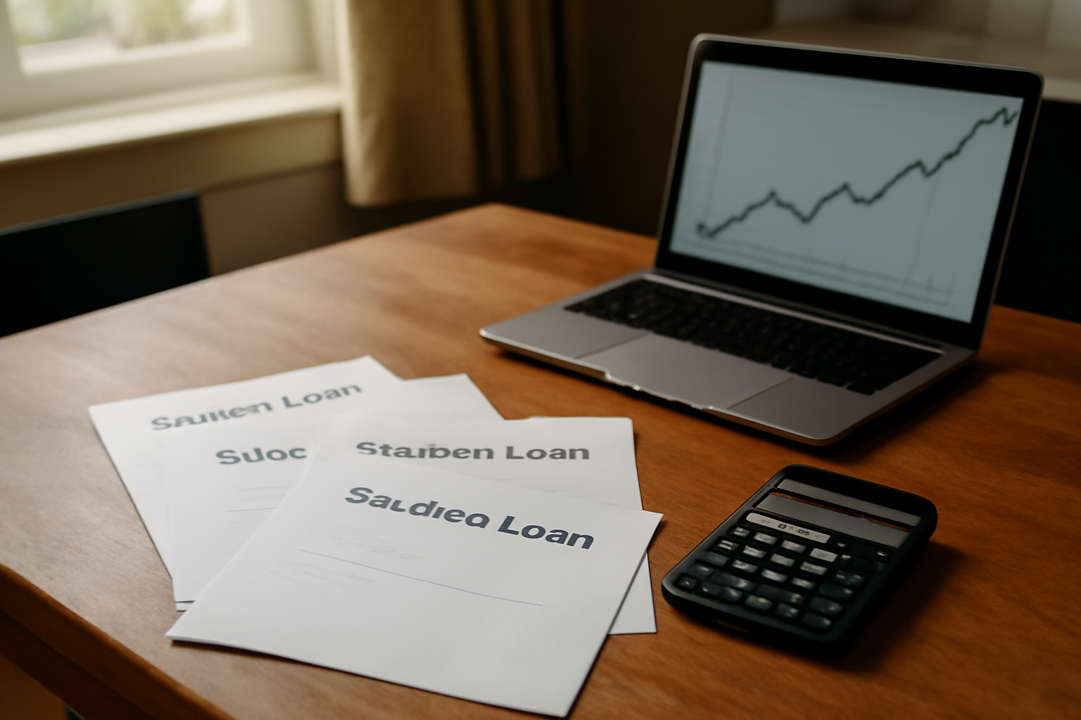Stack of UK student loan repayment letters beside a laptop showing a rising balance chart