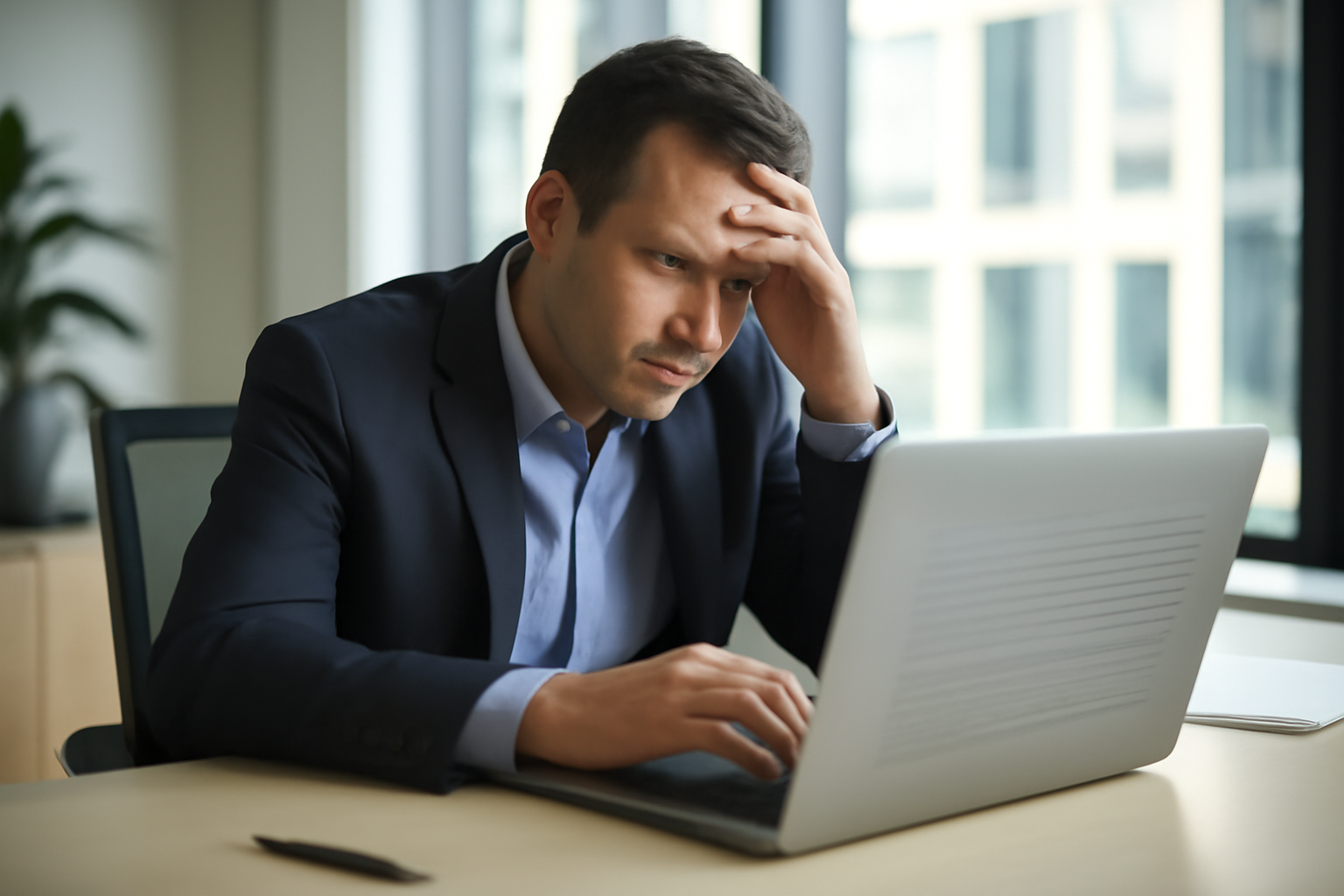 A manager reviewing a laptop screen filled with AI-generated text in an open office