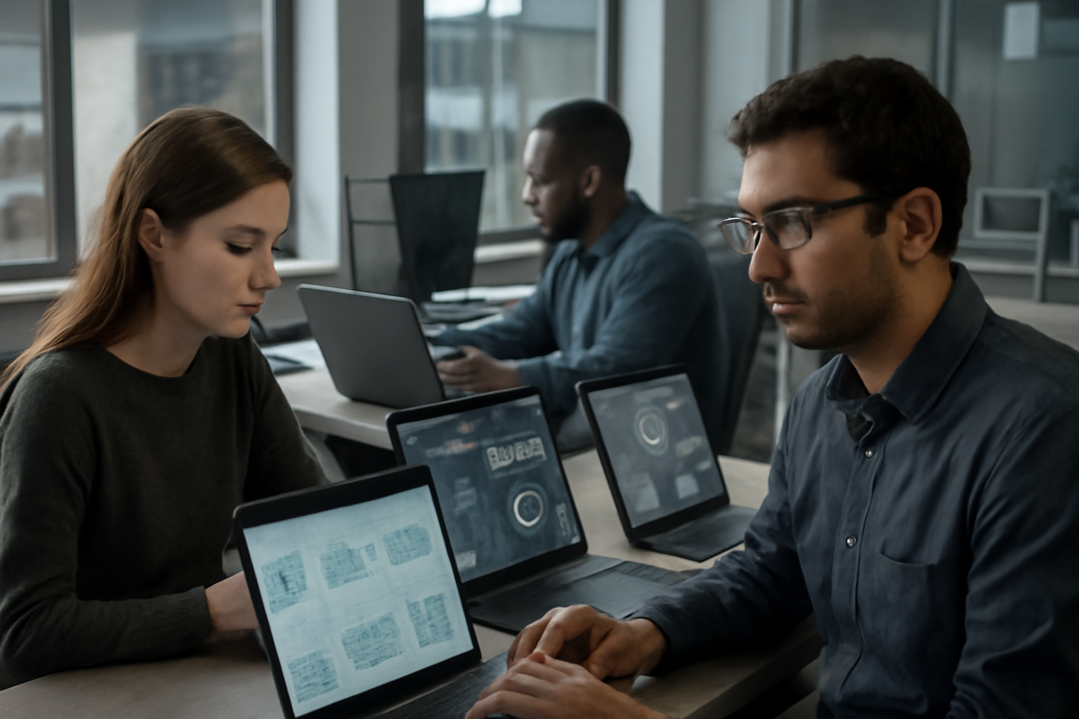 Researchers reviewing AI safety data on laptops inside a technology company office