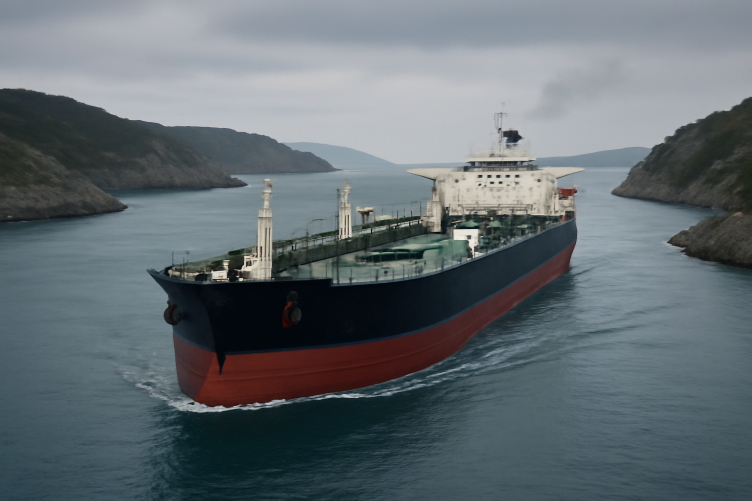 Oil tanker navigating narrow strait waters under overcast sky