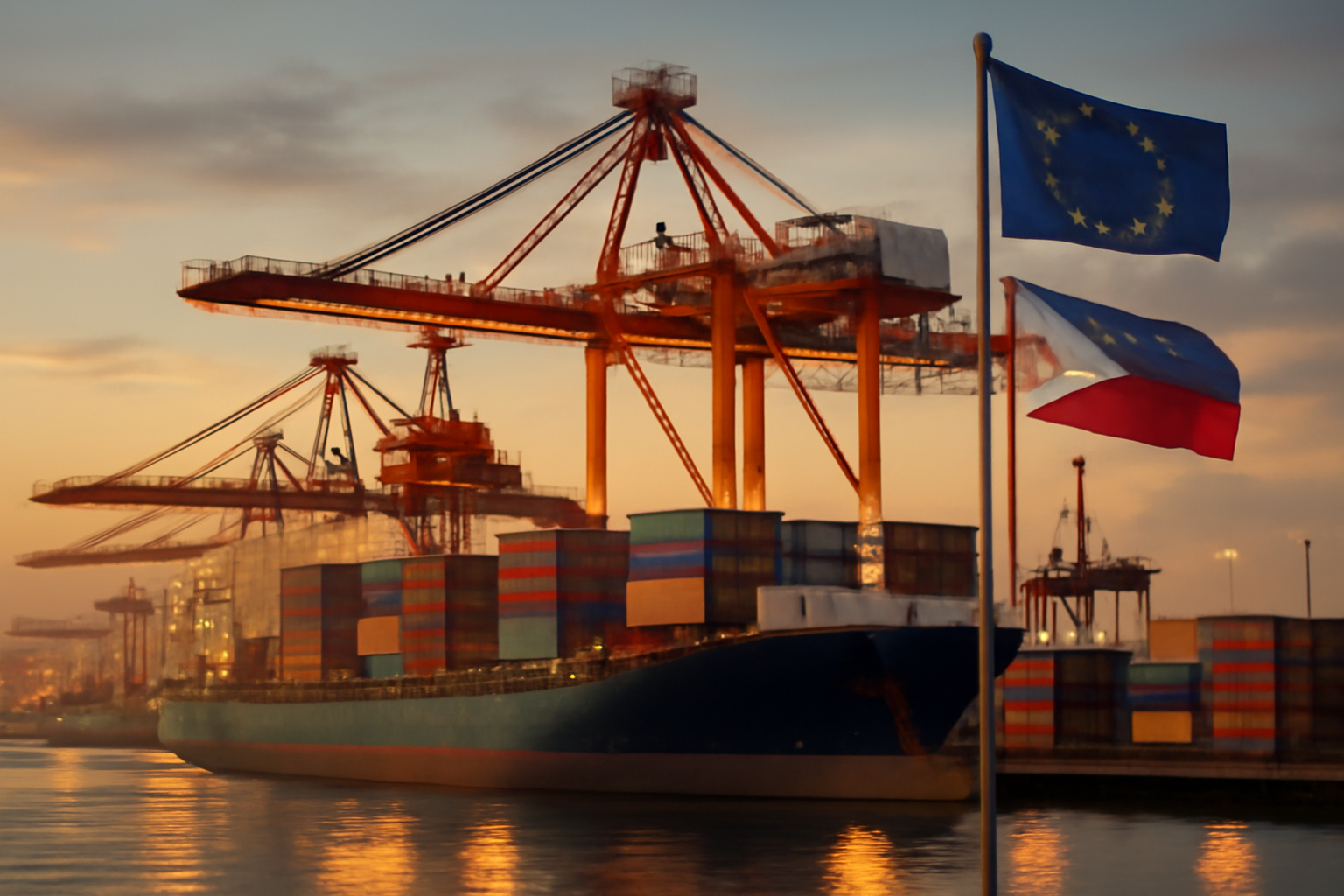 Container ships and cargo cranes at a port with European Union and Philippine flags in the background