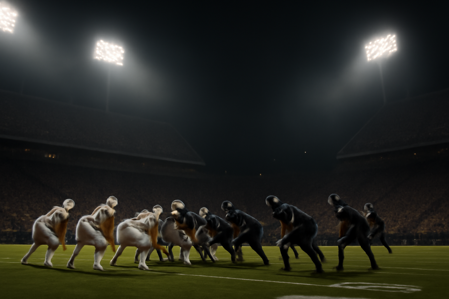 College football players on a stadium field under stadium lights during a night game