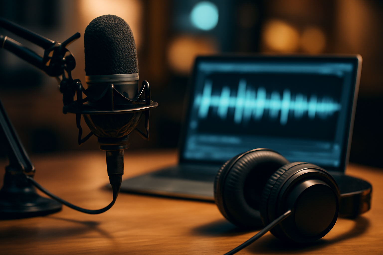A podcast microphone and headphones on a desk beside a laptop showing audio waveforms