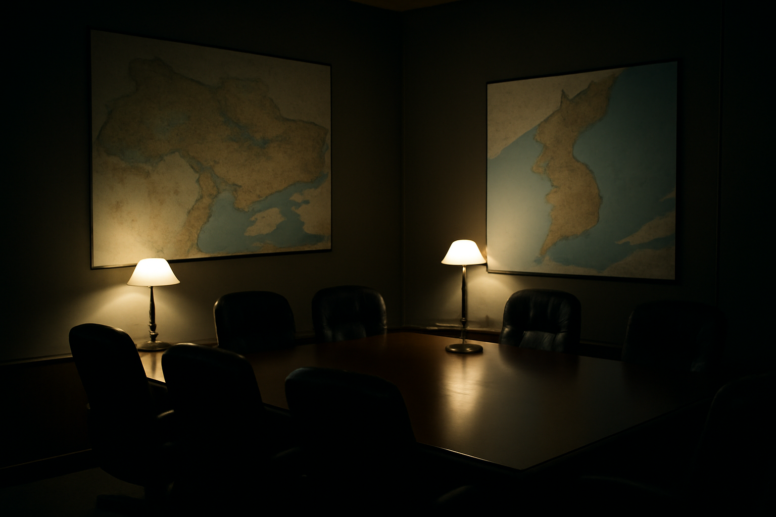 A military intelligence briefing room with maps of Ukraine and the Korean peninsula displayed side by side