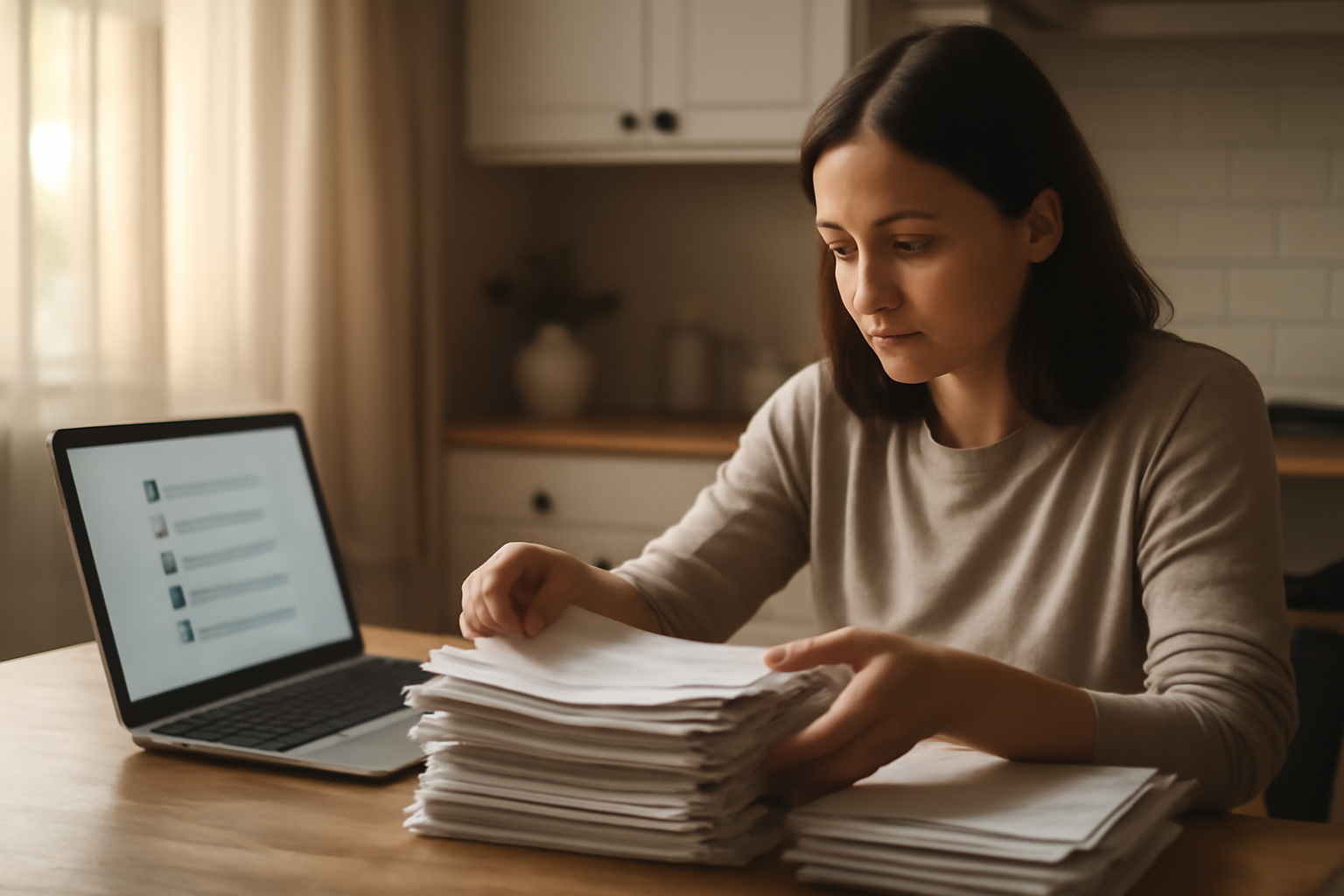 Woman sorting paperwork at a kitchen table beside an open laptop showing a task checklist